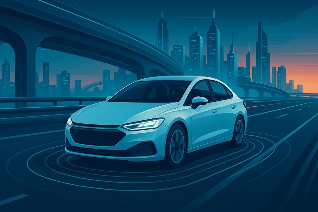 Illustratie van een zelfrijdende auto op een futuristische snelweg met stadswolkenkrabbers op de achtergrond