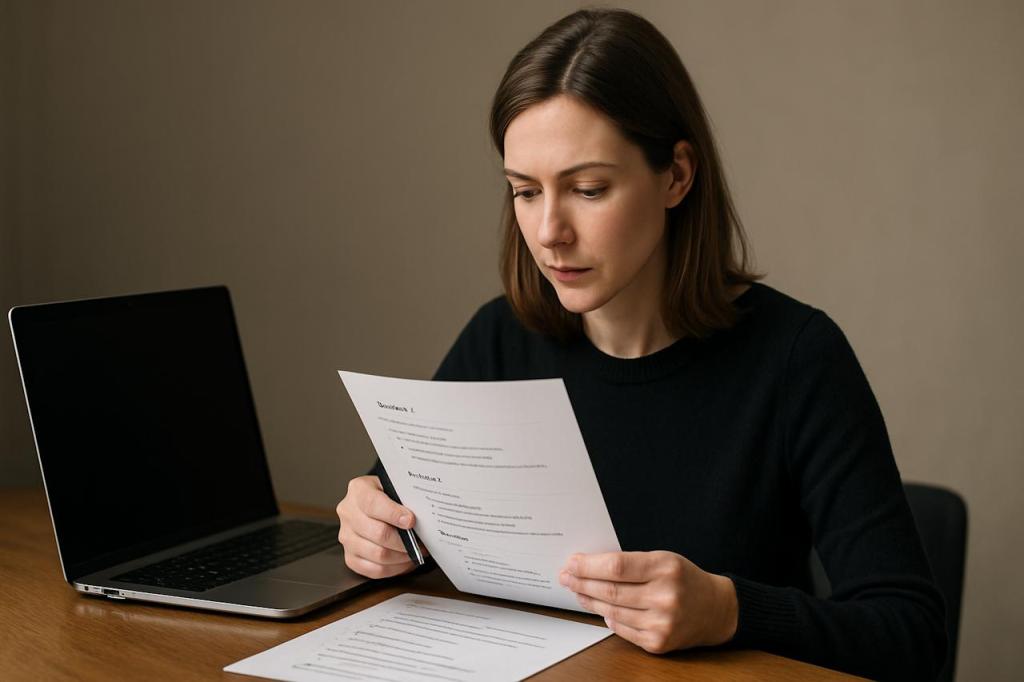 Vrouw beoordeelt papieren met teksten achter haar laptop