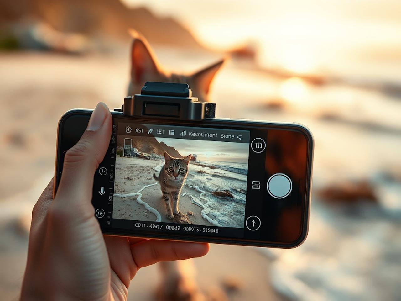 Telefoon maakt een foto van een kat op het strand terwijl AI de scène herkent