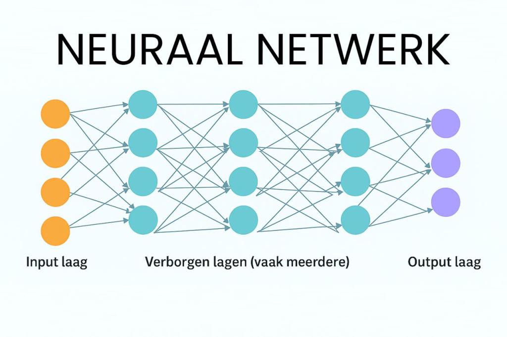 Schema van een neuraal netwerk met inputlaag, verborgen lagen en outputlaag.