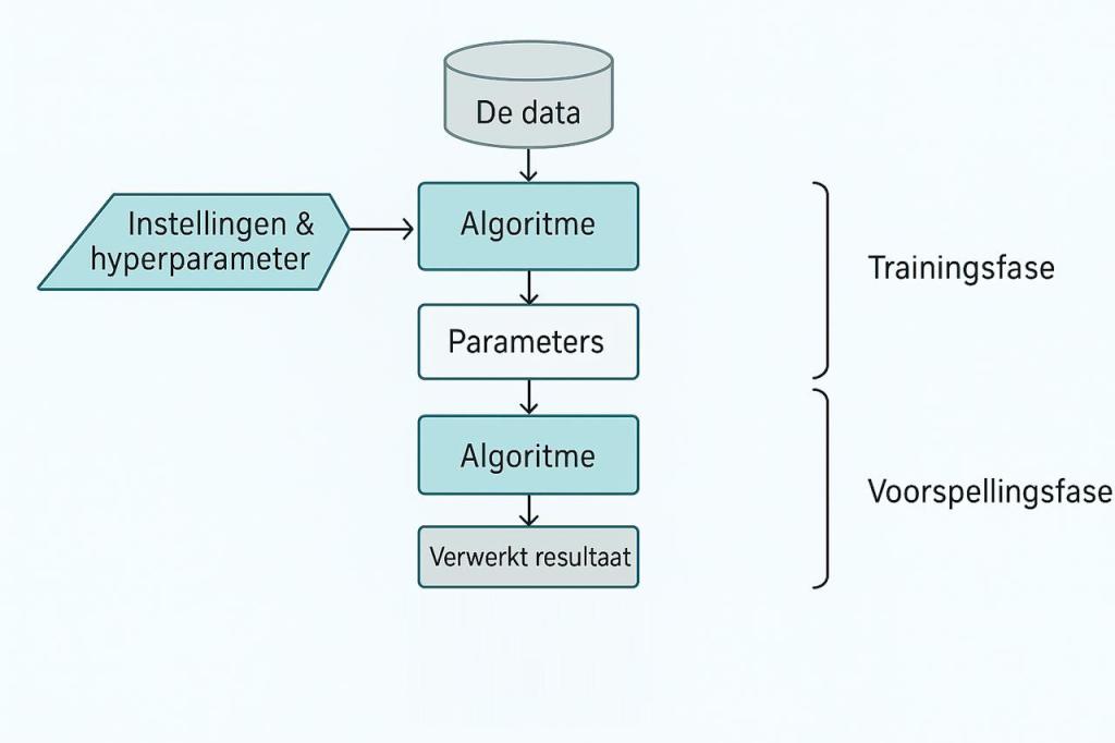 Diagram dat de trainingsfase en voorspellingsfase van een AI-model weergeeft.
