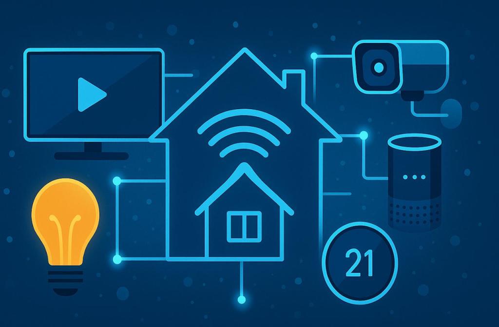 Illustratie van slimme apparaten verbonden in een smart home met AI-integratie