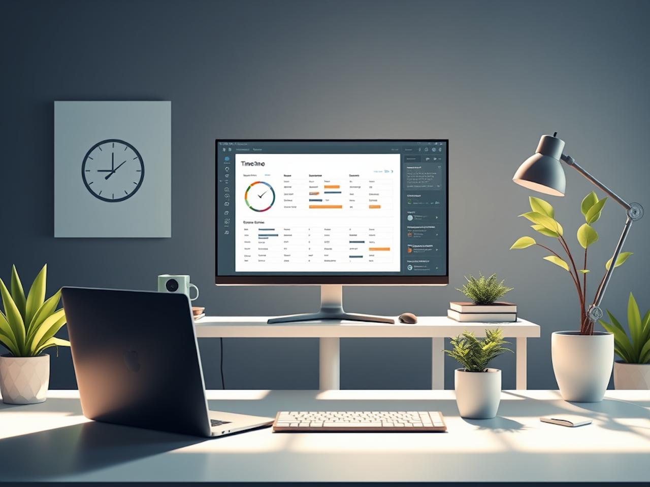 Moderne werkplek met laptop en monitor waarop een tijd- en takenoverzicht te zien is, symbool voor efficiënt werken en automatisering van herhalende taken met AI.