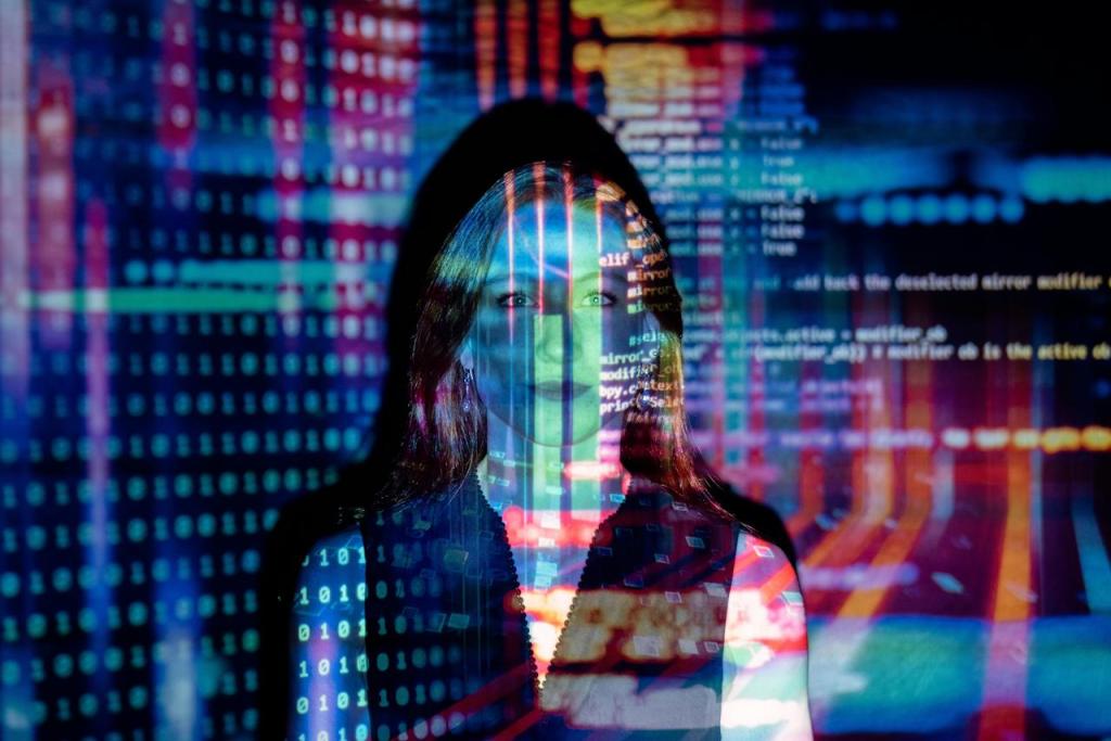 Vrouw in silhouet met projectie van code en binaire data, symbool voor AI en menselijke interactie