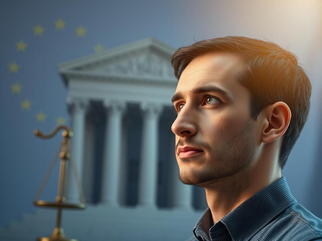 AI-ontwikkelaar kijkt vooruit, op de achtergrond Europese sterren en een rechtbankgebouw