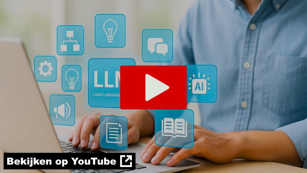 Illustratie van AI-iconen boven een laptop met een grote rode YouTube-playknop in het midden, verwijzend naar een video over Large Language Models