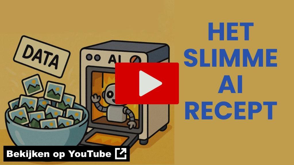 Thumbnail van de video over hoe AI werkt, met illustratie van data en een robot die uit een AI-oven komt