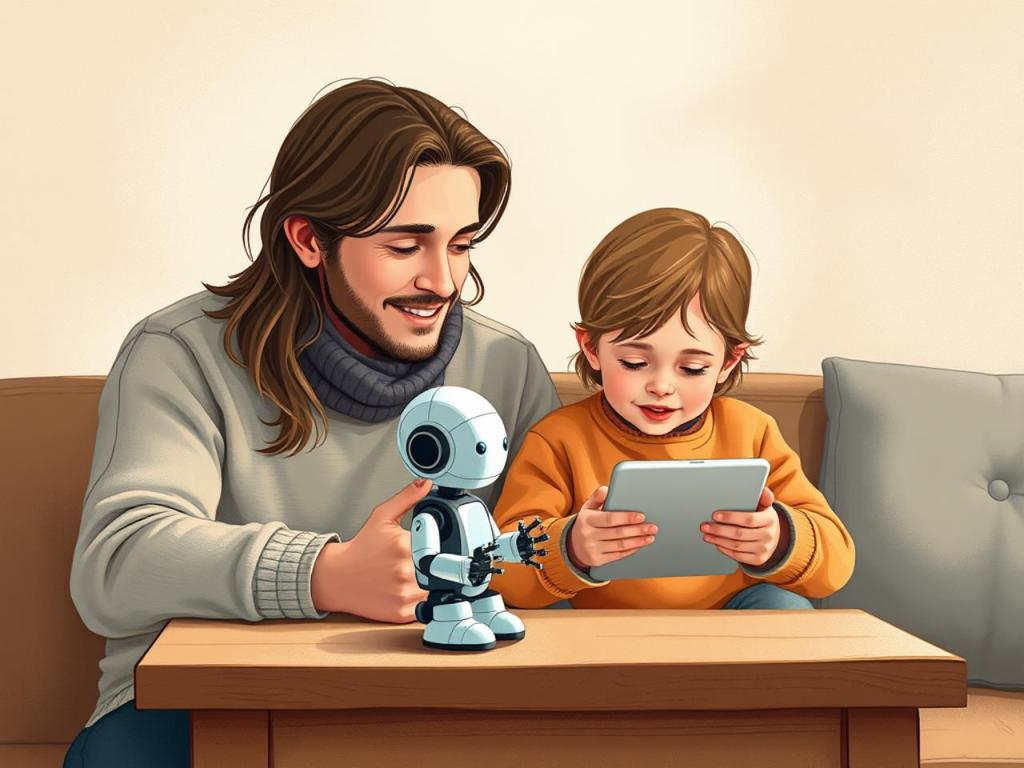 Ouder en kind kijken samen naar een tablet in een rustige woonkamer, begeleid gebruik van kunstmatige intelligentie thuis